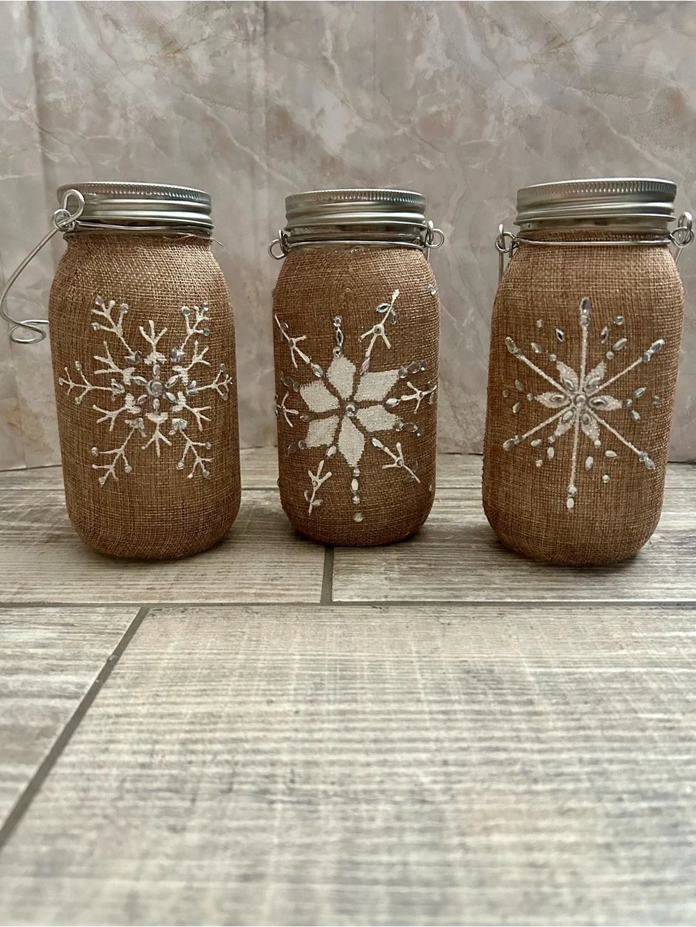 Burlap Mason Jar Twinkle Lights 3pc Set White Snowflake Design